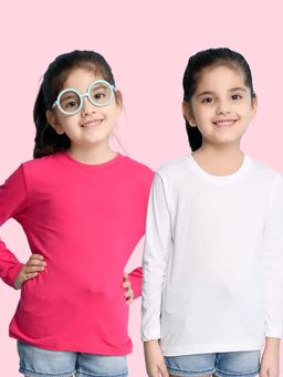 Nusyl - White and Hot Pink Solid Full Sleeves T-Shirt (Pack Of 2)