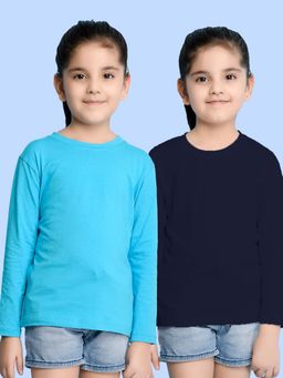 Nusyl - Navy Blue and Sky Blue Solid Full Sleeves T-Shirt (Pack Of 2)