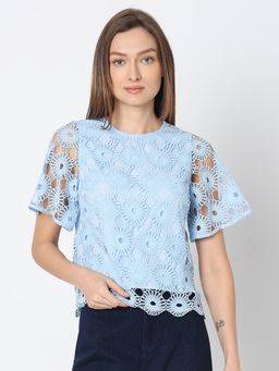 VERO MODA - Light Blue Embroidered Lace Top
