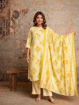 Anurang - Women's Pure Cotton Striped Floral Kurta Pant Dupatta Set