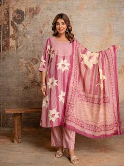 Anurang - Women's Pure Cotton A-Line Floral Striped Kurta Pant Dupatta Set