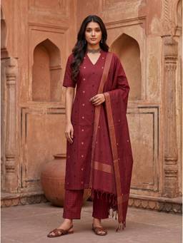Vastara TheLabel - Polka Dot Woven Pure Handloom Cotton Suit Set In Maroon
