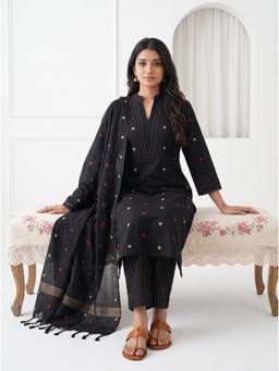 Vastara TheLabel - Polka Dot Woven Pure Handloom Cotton Suit Set In Black