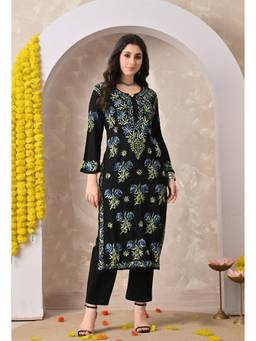 SYRISH - Rayon Hand Embroidered Chikankari Kurta with Rose Floral Motifs