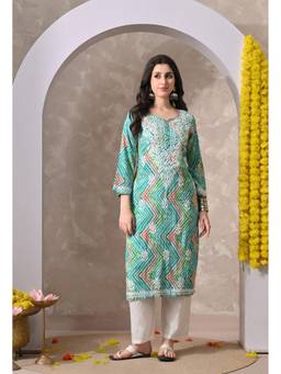 SYRISH - Leheriya Green Cotton Hand Embroidered Chikankari Kurta