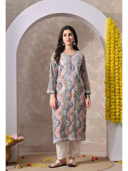 SYRISH - Leheriya Grey Cotton Hand Embroidered Chikankari Kurta