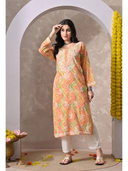 SYRISH - Leheriya Orange Cotton Hand Embroidered Chikankari Kurta