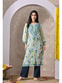 SYRISH - Blue Floral Hand Embroidered Chikankari Cotton Kurta