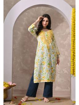 SYRISH - Yellow Floral Hand Embroidered Chikankari Cotton Kurta