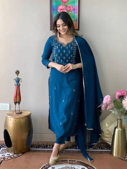 FLOSIVE - Women's Embroidered Kurta Pant with Dupatta Set