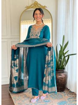 FLOSIVE - Women's Embroidered Kurta Pant with Dupatta Set