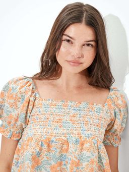 American Eagle - Women Multi-Color Square Neck Smocked Babydoll Blouse Top