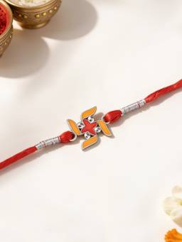 Ornate Jewels - 925 Silver Swastik Enamel Thread Rakhi For Brother with Roli Chawal
