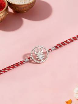 Ornate Jewels - 925 Silver American Diamond Trishul Thread Rakhi for Brother With Roli Chawal