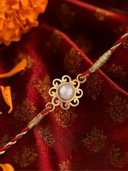 Ornate Jewels - 925 Silver 18K Gold Plated Freshwater Pearl Thread Rakhi for Brother With Roli Chawal
