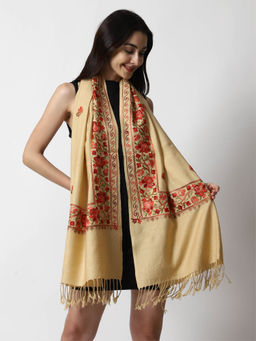 SWI STYLISH - Womens Aari Embroidered Beige Wool Stole