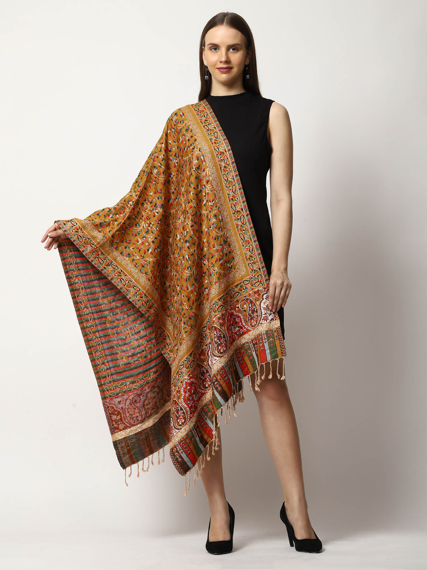 swi stylish Womens Kashmiri Jamawar Mustard Wool Stole-picture-40
