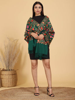 SWI STYLISH - Womens Aari Embroidered Bottle Green Wool Stole