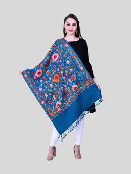 SWI STYLISH - Womens Aari Embroidered Teal Wool Stole