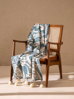 Freedom Tree - Medallion Soft Blue Screen Printed Pom Poms Cotton Sofa Throw