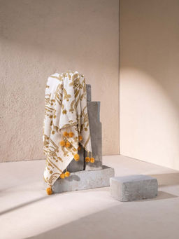 Freedom Tree - White Toddy Palm Ocher Screen Printed Pom Poms Cotton Sofa Throw