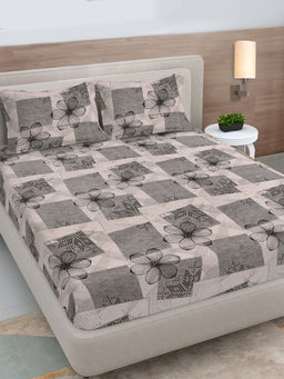 FABINALIV - Grey Floral 300 Tc Polycotton Bedsheet with 2 Pillow Covers (King)