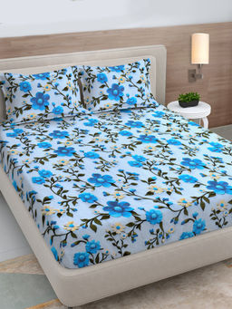 FABINALIV - Blue Floral 300 Tc Polycotton 7D Bedsheet with 2 Pillow Covers (King)