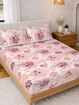 FABINALIV - Pink Floral 300 Tc Polycotton Fitted Bedsheet with 2 Pillow Covers (King)