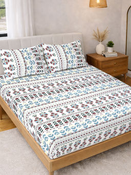 FABINALIV - White Floral 300 Tc Polycotton Fitted Bedsheet with 2 Pillow Covers (King)