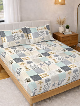 FABINALIV - Multi-Color Geometric 300 Tc Polycotton Fitted Bedsheet with 2 Pillow Covers (King)