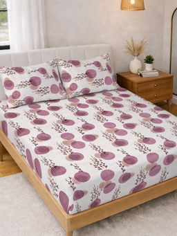 FABINALIV - White Geometric 300 Tc Polycotton Fitted Bedsheet with 2 Pillow Covers (King)