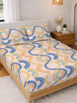 FABINALIV - Multi-Color Geometric 300 Tc Polycotton Fitted Bedsheet with 2 Pillow Covers (King)