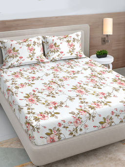 FABINALIV - White Floral 300 Tc Polycotton Fitted Bedsheet with 2 Pillow Covers (King)