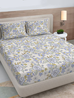 FABINALIV - White Floral 300 Tc Polycotton Fitted Bedsheet with 2 Pillow Covers (King)