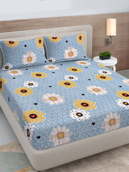 FABINALIV - Blue Floral 300 Tc Polycotton Fitted Bedsheet with 2 Pillow Covers (King)