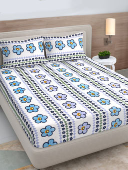 FABINALIV - White Floral 300 Tc Polycotton Fitted Bedsheet with 2 Pillow Covers (King)