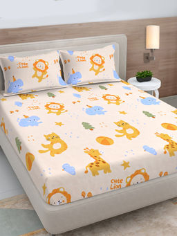 FABINALIV - Cream Cartoon Print 300 Tc Polycotton Fitted Bedsheet with 2 Pillow Covers (King)