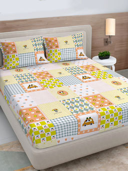 FABINALIV - Multi-Color Print 300 Tc Polycotton Fitted Bedsheet with 2 Pillow Covers (King)