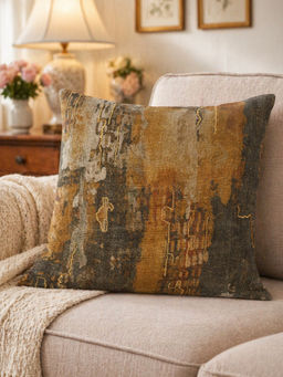 Zeba World - Brown Abstract Printed & Embroidered Linen Cushion Cover (16 x 16 Inches)