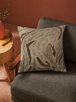 Zeba World - Brown Textured Embroidered Linen Cushion Cover (16 x 16 Inches)
