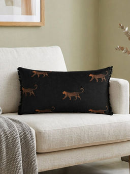 Zeba World - Black Animal Printed Fringe Edges Velvet Cushion Cover (12 x 22 Inches)