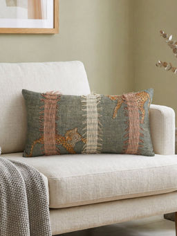 Zeba World - Applique Grey Linen Cushion Cover (12 x 22 Inches)