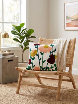 HOSTA HOMES - White Pure Cotton Handcrafted Cushion Cover (16 x 16 Inches)