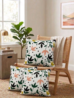HOSTA HOMES - White Pure Cotton Handcrafted Cushion Covers (Pack of 3) (16 x 16 Inches)