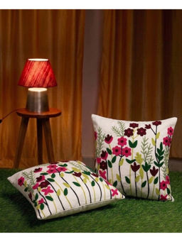 HOSTA HOMES - White Pure Cotton Handcrafted Cushion Covers (Pack of 2) (16 x 16 Inches)