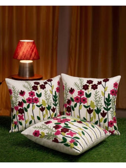 HOSTA HOMES - White Pure Cotton Handcrafted Cushion Covers (Pack of 3) (16 x 16 Inches)