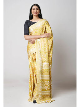 Unnati Silks - Mud Gold Pure Block Printed Soft Silk Saree with Unstitched Blouse