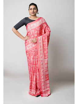 Unnati Silks - Peach Red Pure Block Printed Soft Silk Saree with Unstitched Blouse