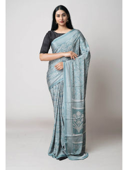 Unnati Silks - Turquoise Pure Block Printed Soft Silk Saree with Unstitched Blouse