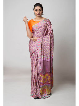Unnati Silks - Royal Purple Pure Block Printed Soft Silk Saree with Unstitched Blouse